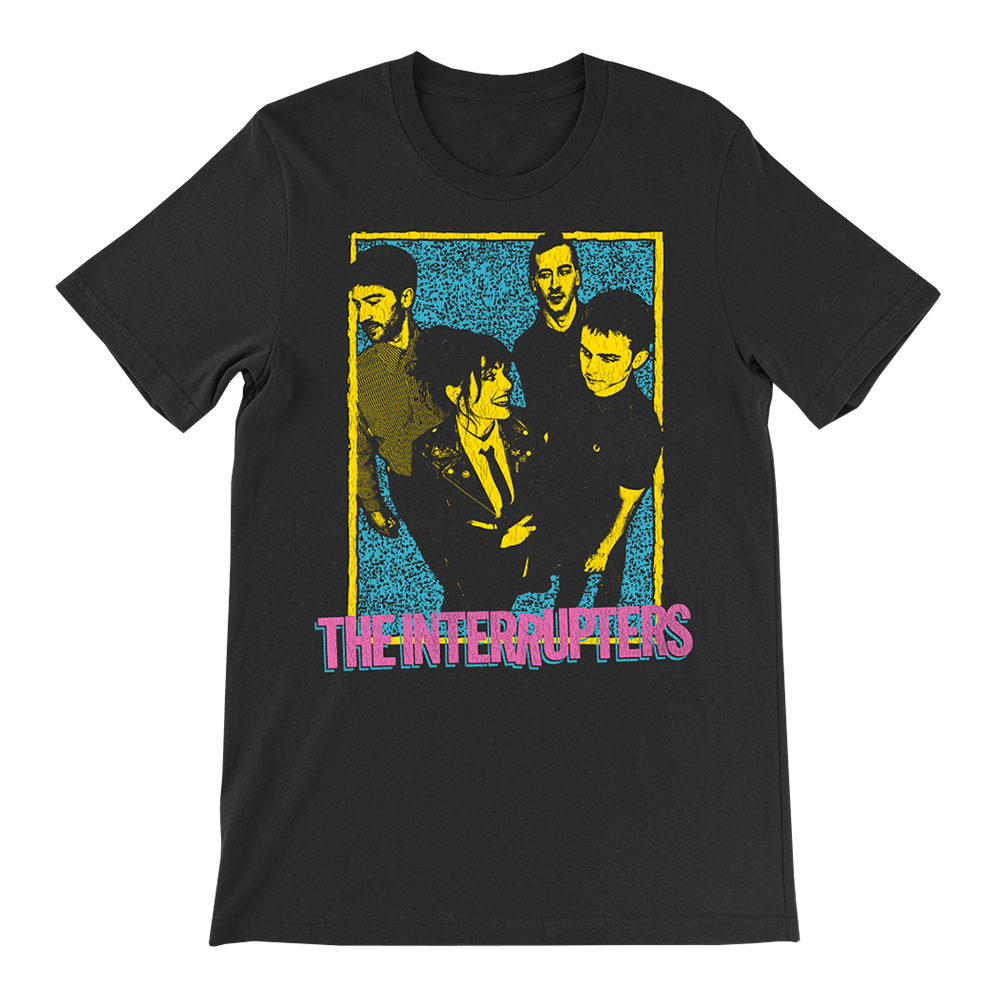 The Interrupters Official Merchandise. 100% black cotton t-shirt with a blue, purple and yellow 90's graphic photo of the band printed on the front.