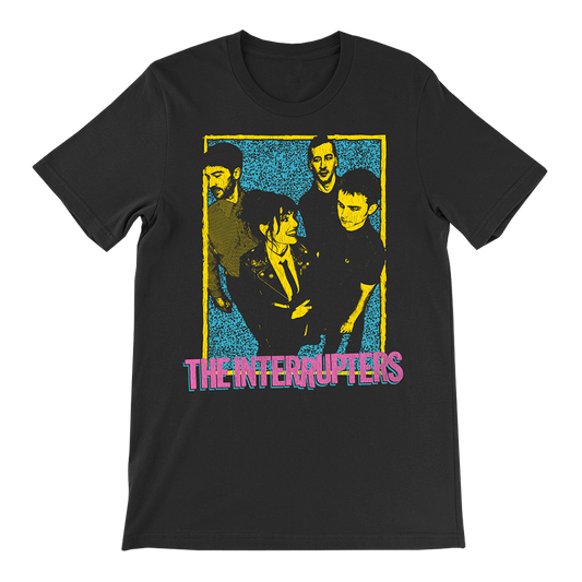 The Interrupters Official Merchandise. 100% black cotton t-shirt with a blue, purple and yellow 90's graphic photo of the band printed on the front.