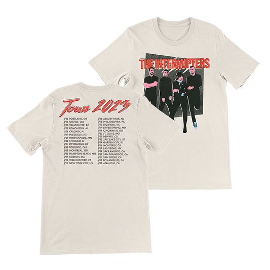 The Interrupters Official Merchandise. 100% cotton natural colored t-shirt with a 90's inspired graphic photo of the band on the front and the Spring 2023 Tour Dates printed on the back.
