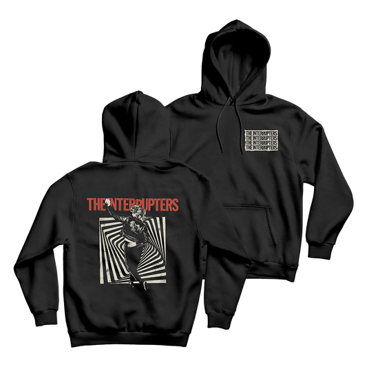 The Interrupters Official Merchandise. 100% black cotton pullover hoodie with a red The Interrupters Logo and Aimee Interrupter standing in front of a spiral square.