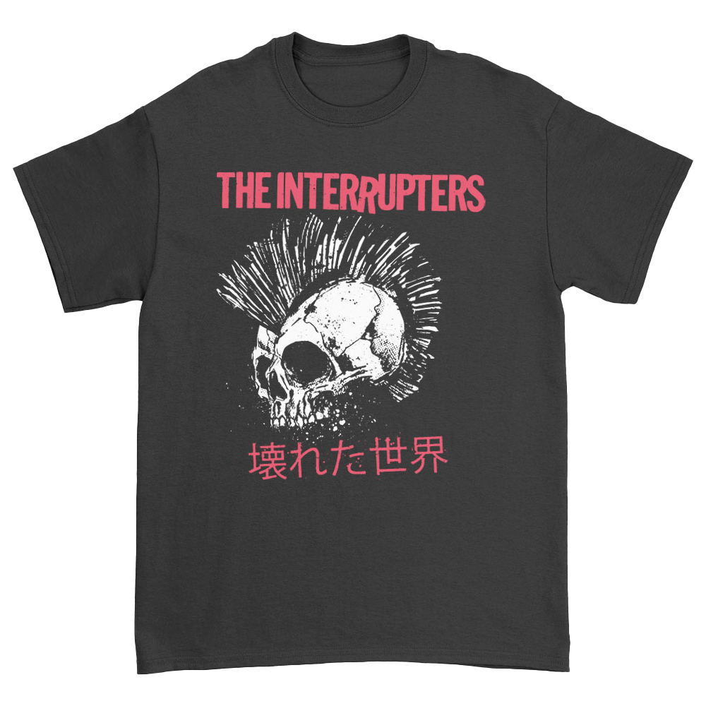 The Interrupters Official Merchandise. Iconic broken world design featuring the skull with a mohawk and The Interrupters logo in red.