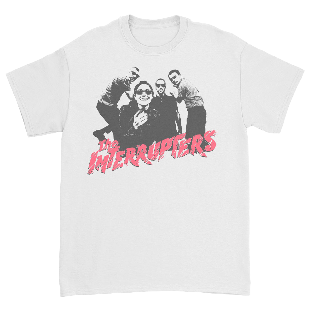 The Interrupters Official Merchandise. 100% white cotton t-shirt with a black and white photo of the band and a red The Interrupters logo printed on the front.